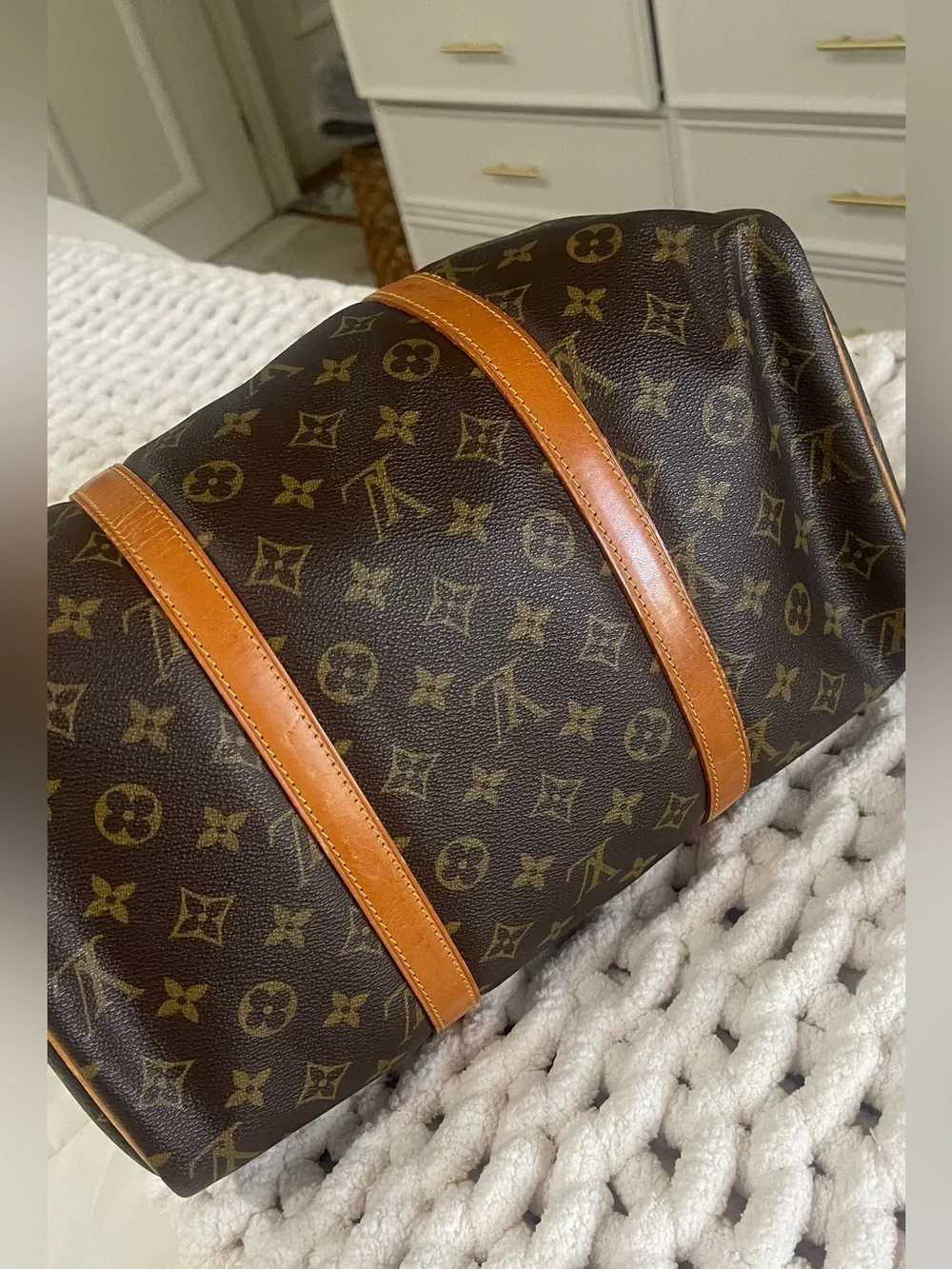 Louis Vuitton Brown Monogram Canvas Duffel with Tan Leather Handles
